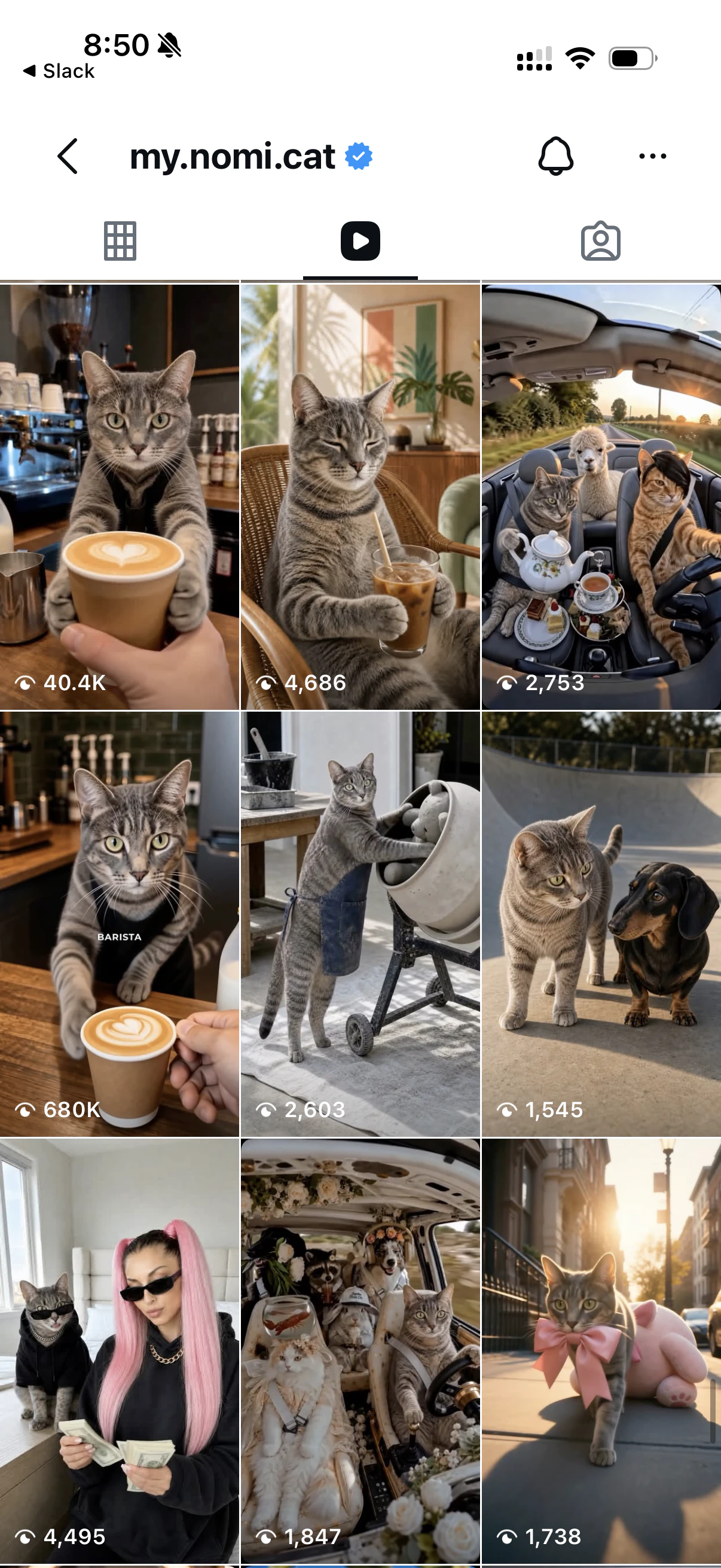 A featured cat barista video, shown with 680K views.